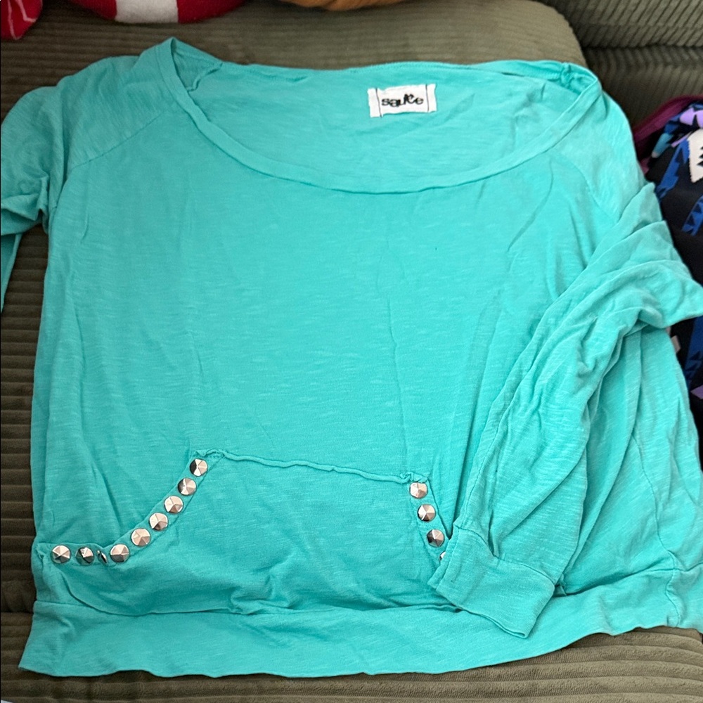 Aqua Long Sleeve Sweatshirt with Stud Accents